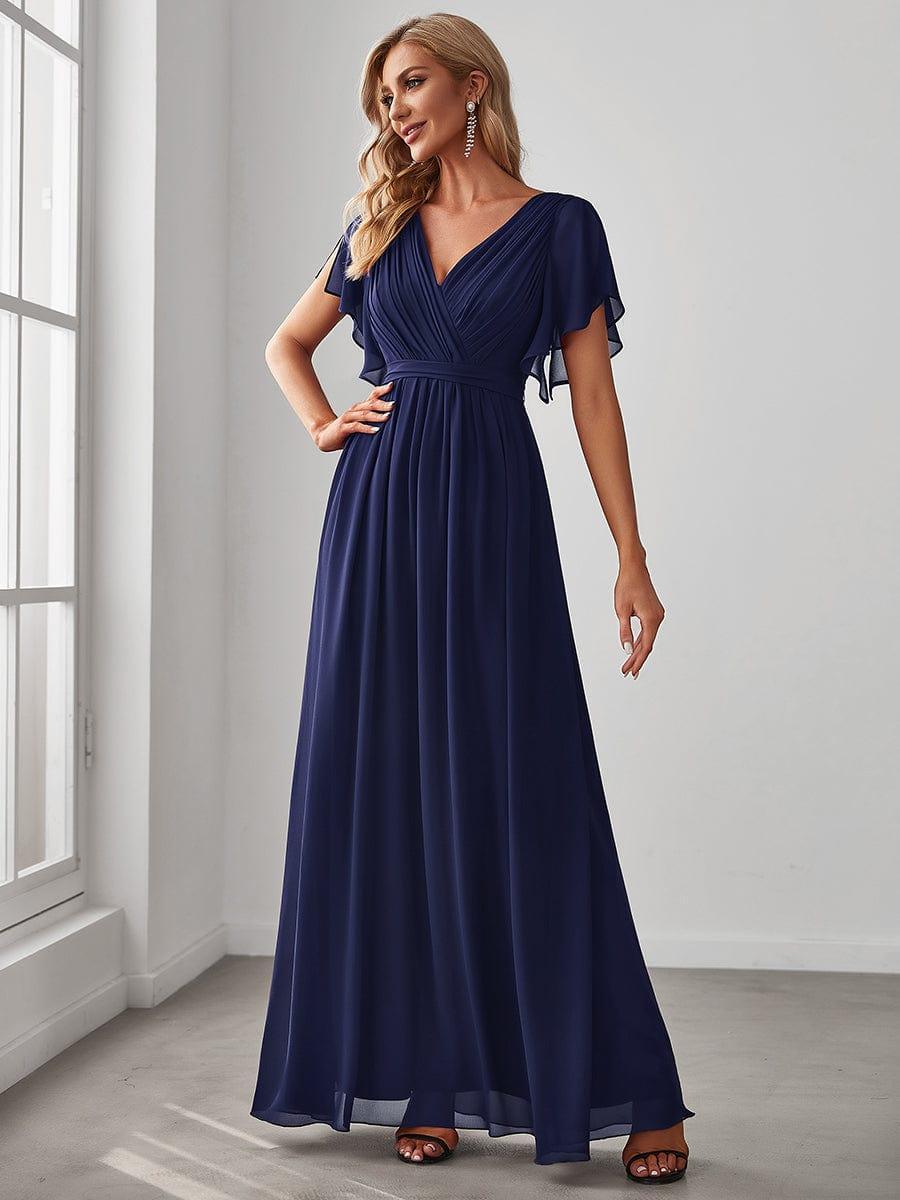 A-Line Pleated Chiffon Tie-Waist Evening Dress #color_Navy Blue