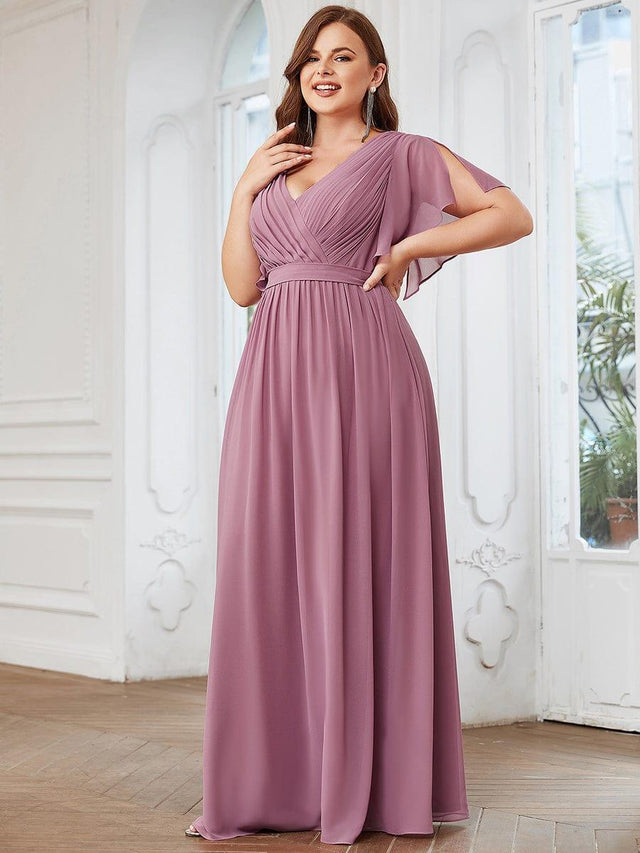 Y Neck Chiffon Dress with Ruffles Sleeves Pearl Pink Plus Size