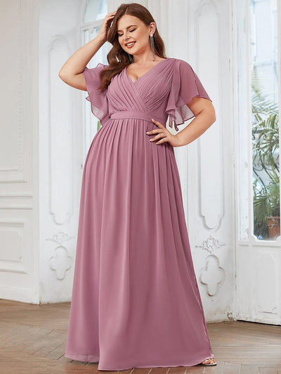 pretty LEORA|Plus Size Pleated Tie-Waist Chiffon Bridesmaid Dress