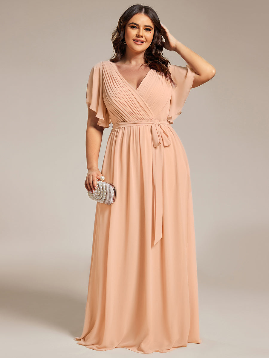 Plus Size Pleated Tie-Waist Chiffon Bridesmaid Dress #color_Peach