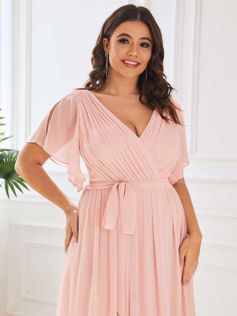 Plus Size Pleated Tie-Waist Chiffon Bridesmaid Dress #color_Pink