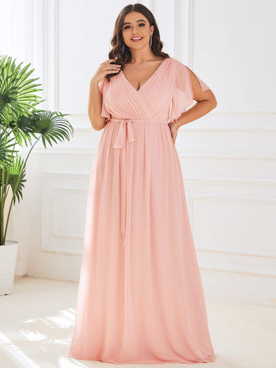 Plus Size Pleated Tie-Waist Chiffon Bridesmaid Dress #color_Pink