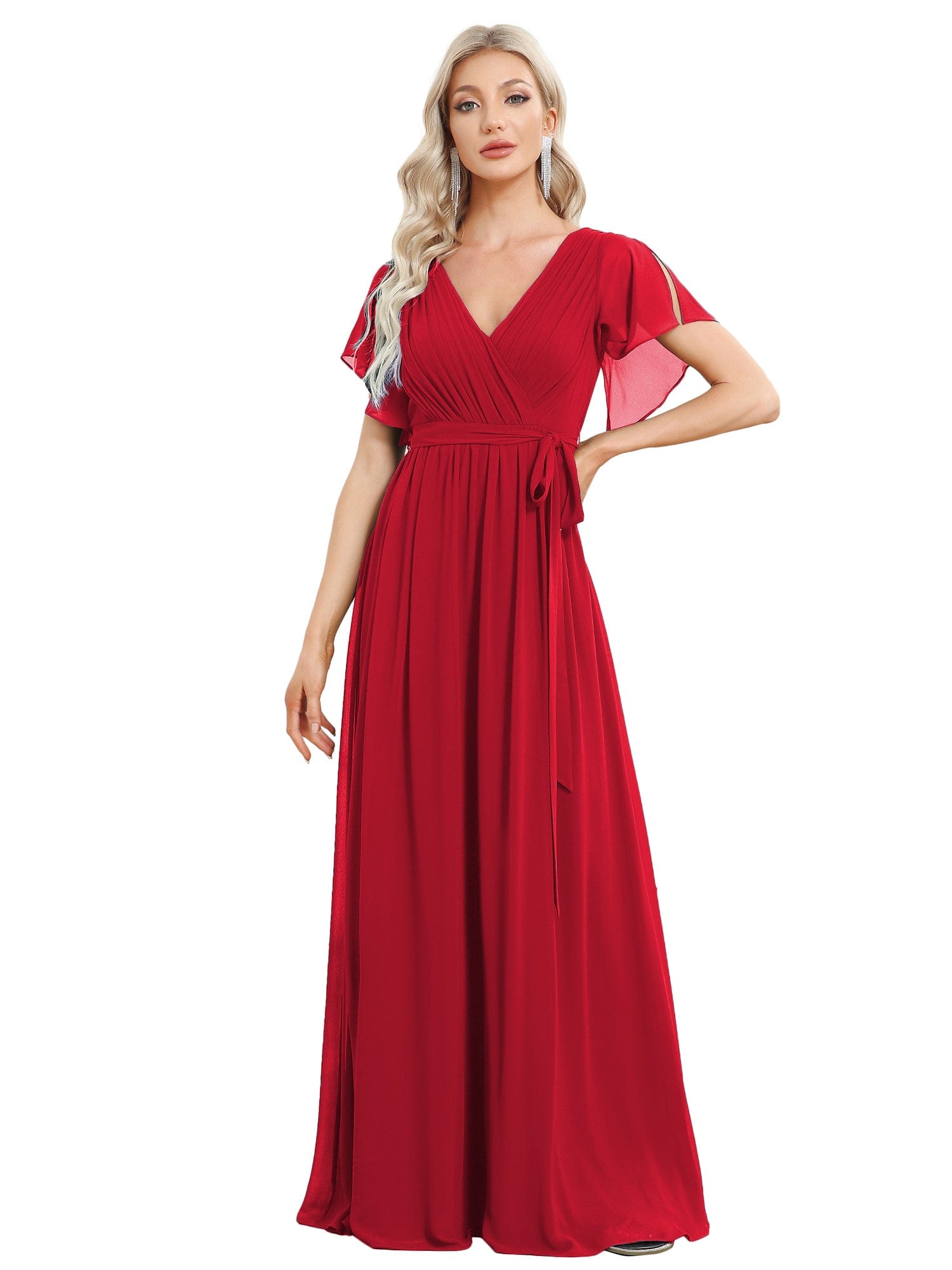 Plus Size Pleated Tie-Waist Chiffon Bridesmaid Dress #color_Red