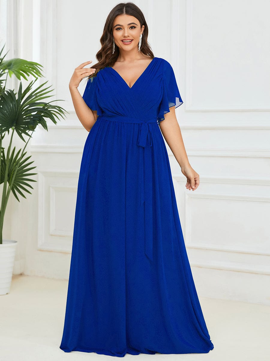 Plus Size Pleated Tie-Waist Chiffon Bridesmaid Dress #color_Sapphire Blue