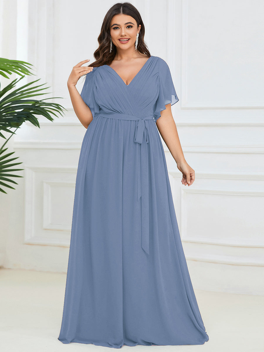 Plus Size Pleated Tie-Waist Chiffon Bridesmaid Dress #color_Slate Blue