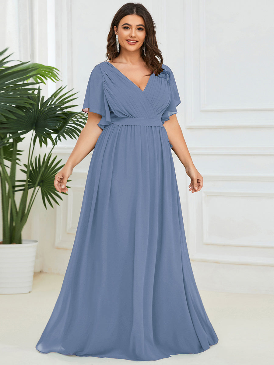 Plus Size Pleated Tie-Waist Chiffon Bridesmaid Dress #color_Slate Blue