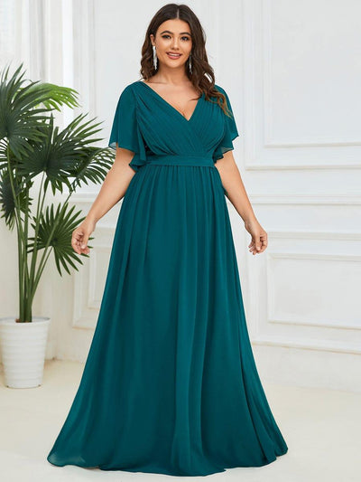 Plus Size Pleated Tie-Waist Chiffon Bridesmaid Dress #color_Teal