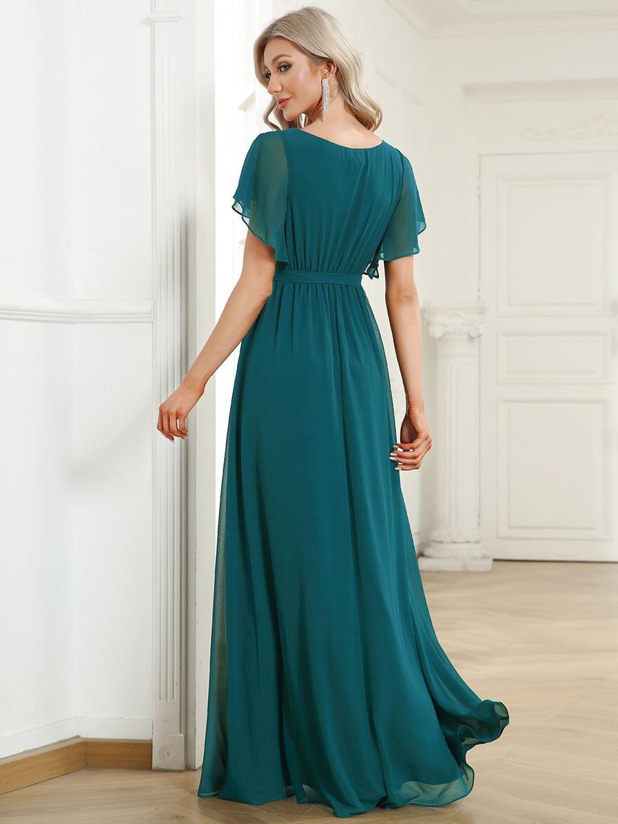 A-Line Pleated Chiffon Tie-Waist Evening Dress #color_Teal