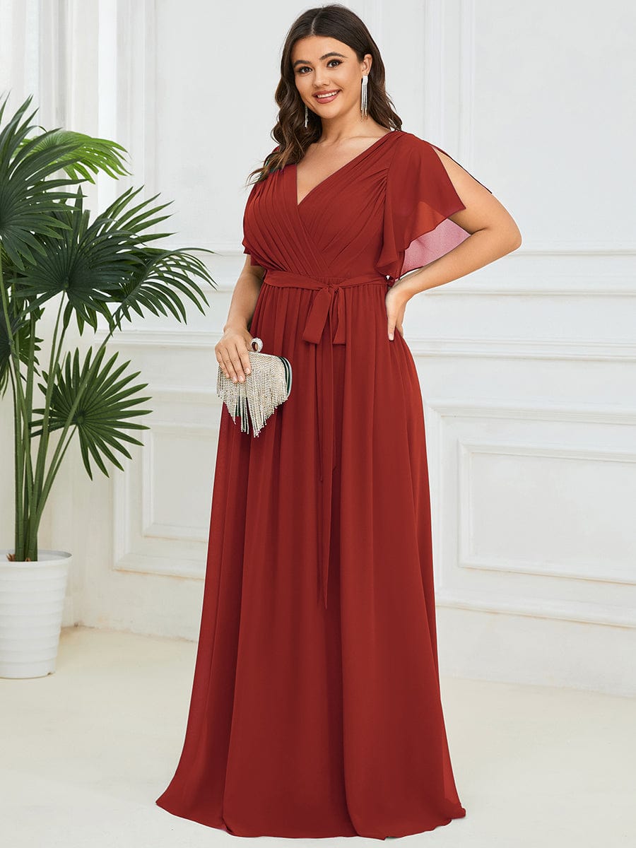 Plus Size Pleated Tie-Waist Chiffon Bridesmaid Dress #color_Vermilion