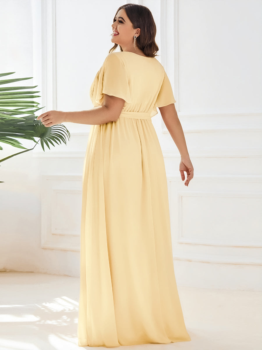 Plus Size Pleated Tie-Waist Chiffon Bridesmaid Dress #color_Yellow