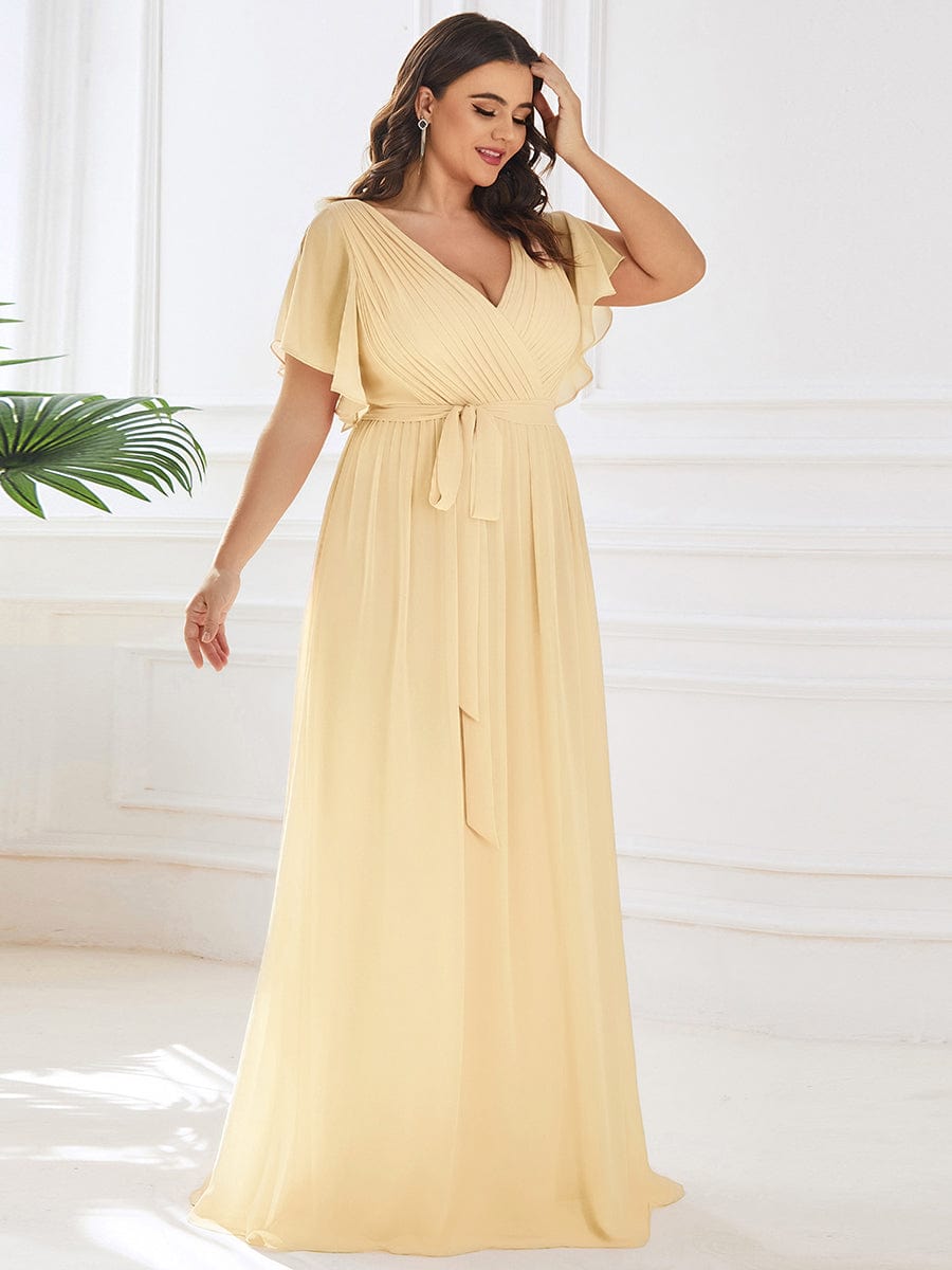 A-Line Pleated Chiffon Tie-Waist Evening Dress #color_Yellow