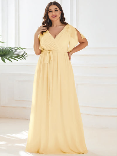 Plus Size Pleated Tie-Waist Chiffon Bridesmaid Dress #color_Yellow