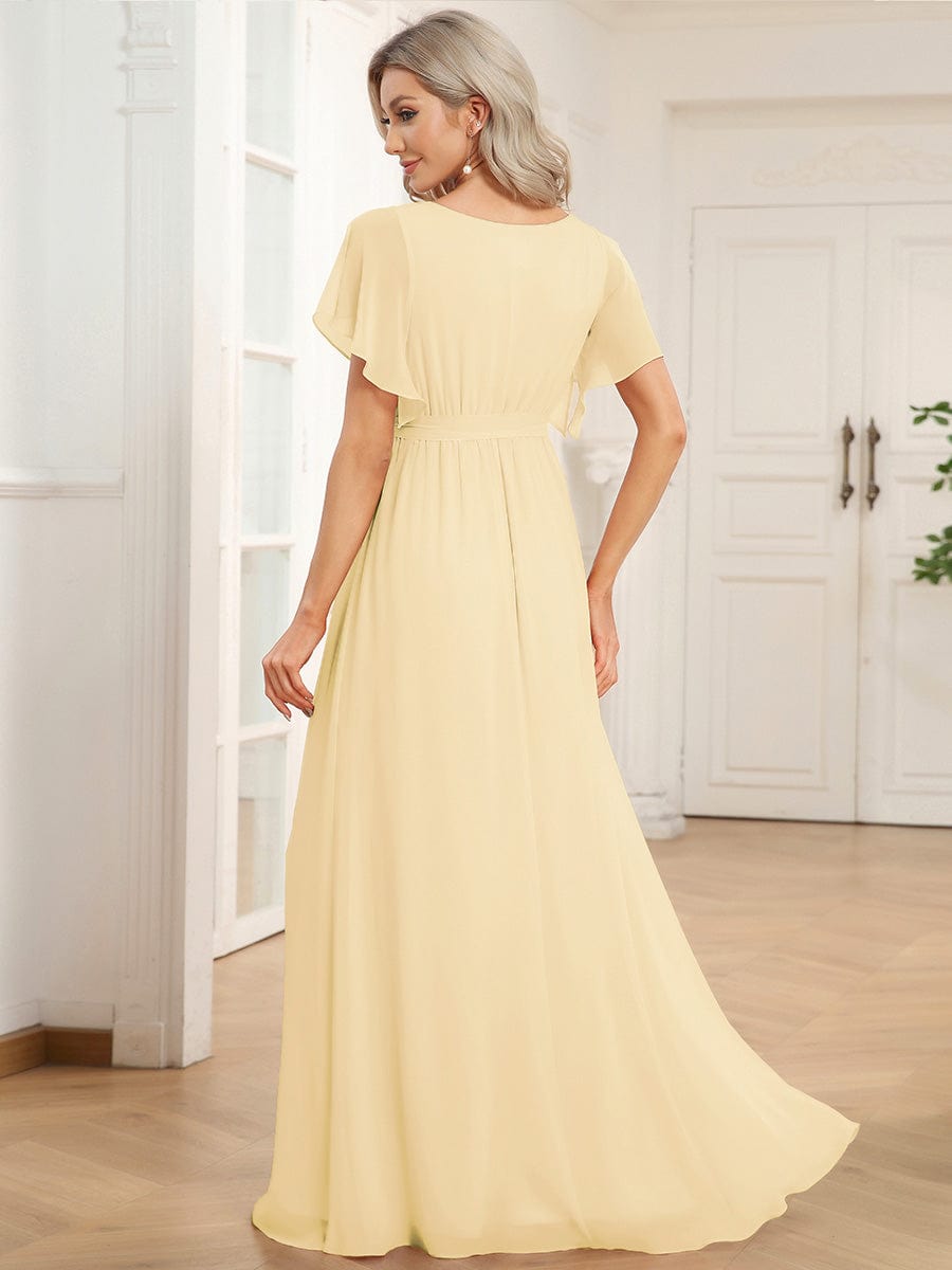 A-Line Pleated Chiffon Tie-Waist Evening Dress #color_Yellow
