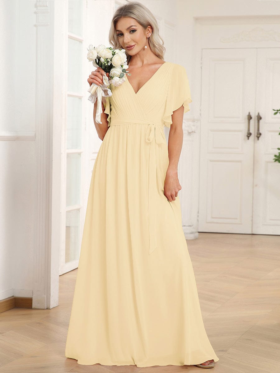 A-Line Pleated Chiffon Tie-Waist Evening Dress #color_Yellow