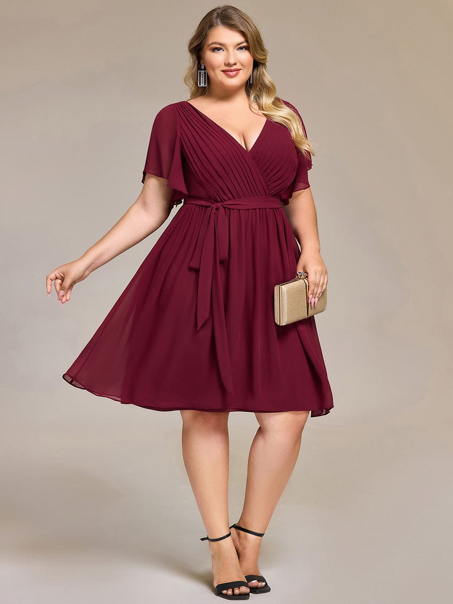Plus Size Tie-Waist Midi Ruffles Sleeves Bridesmaid Dresses