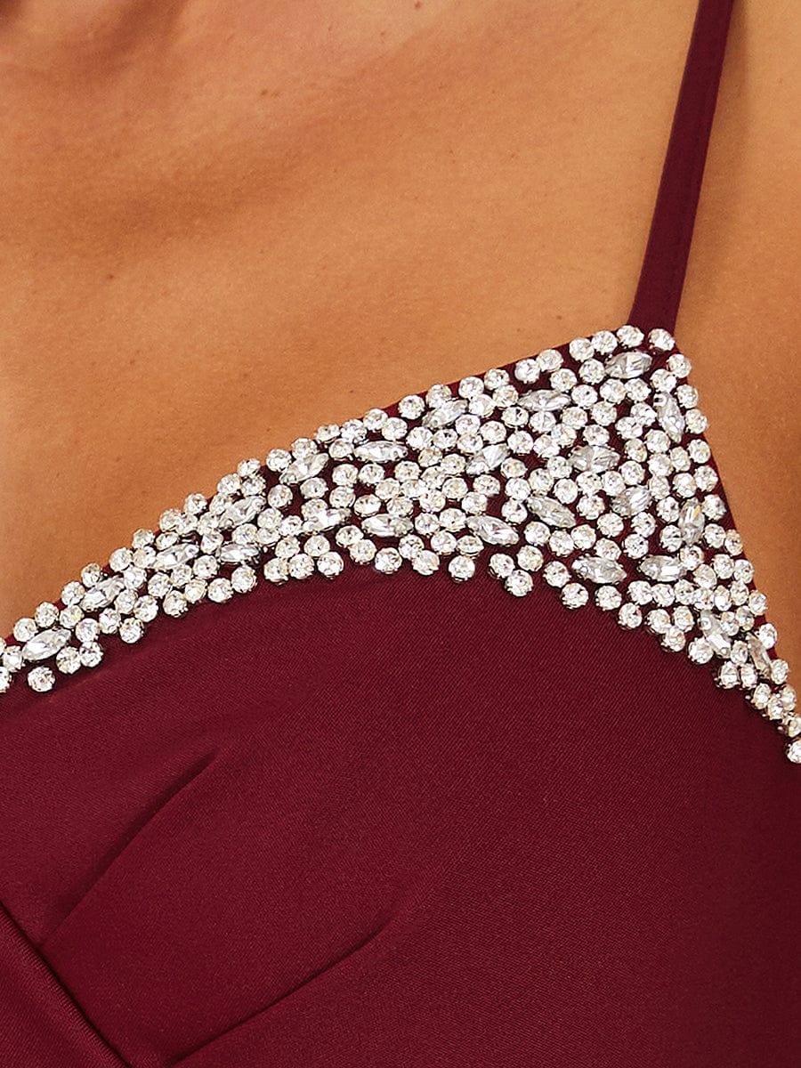 Sparkling Spaghetti Strap Evening Dress with Thigh-High Slit #color_Burgundy