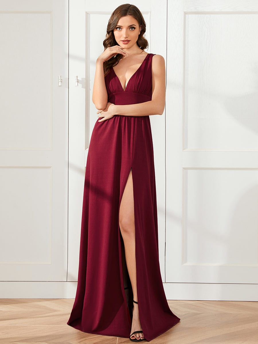 Chiffon High Slit Sleeveless V-Neck Empire Waist Evening Dress #color_Burgundy