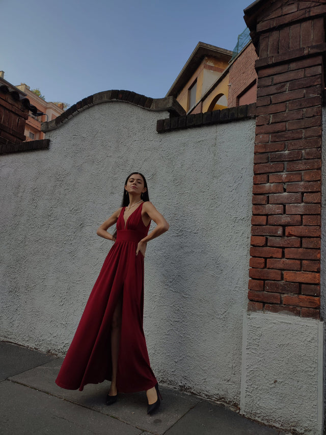 pretty SORAYA|Plus Size Sleeveless V-Neck Empire Waist High Slit Floor-Length Evening Dress Fan Photos 8
