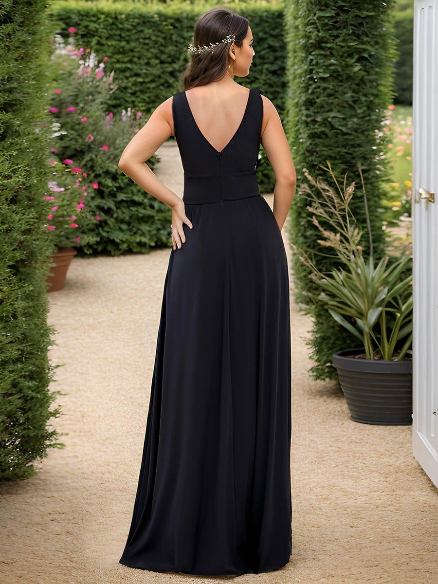 Sleeveless V-Neck Empire Waist High Slit Floor-Length Evening Dress #color_Black