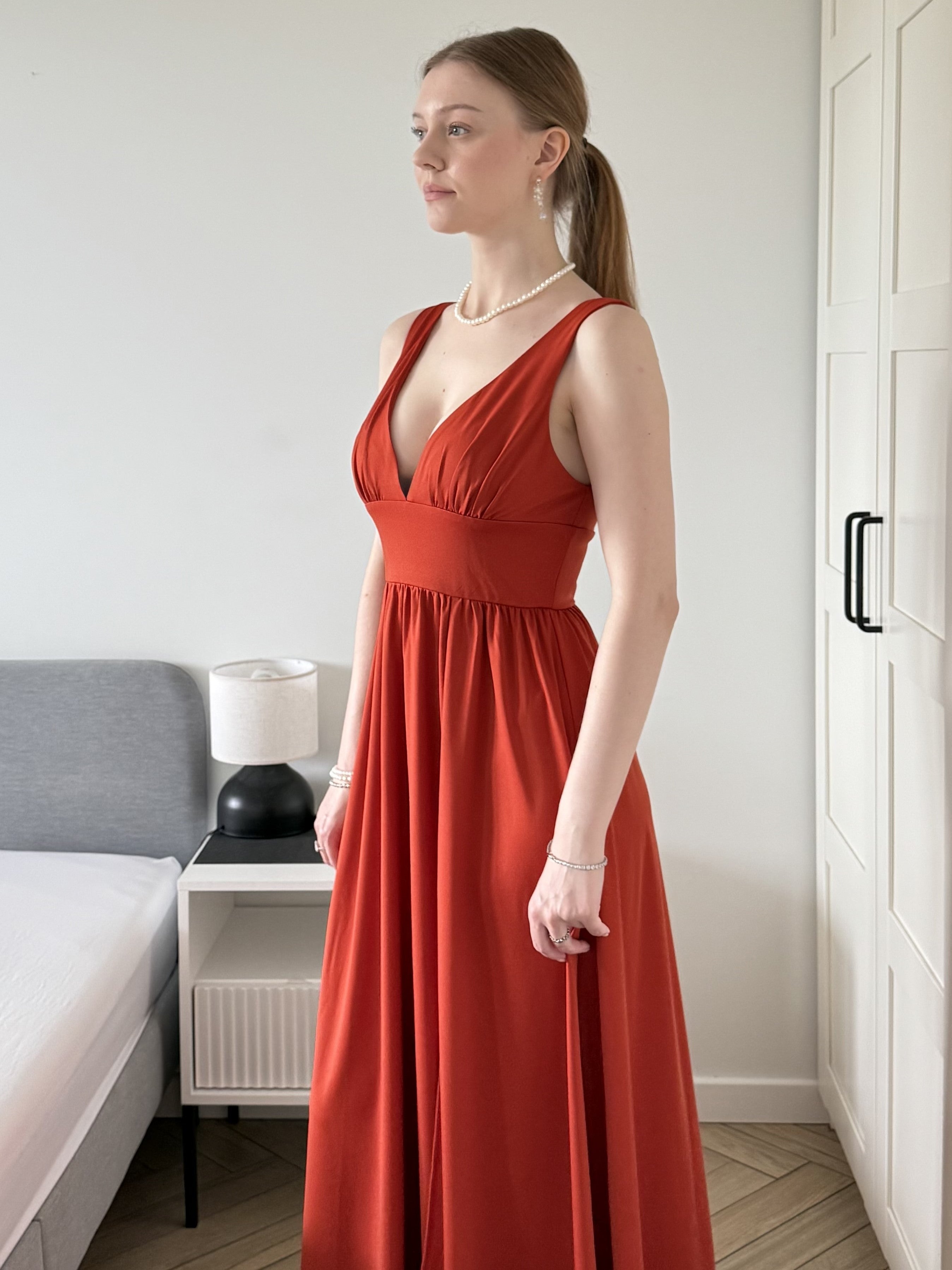 Chiffon High Slit Sleeveless V-Neck Empire Waist Evening Dress #color_Burnt Orange