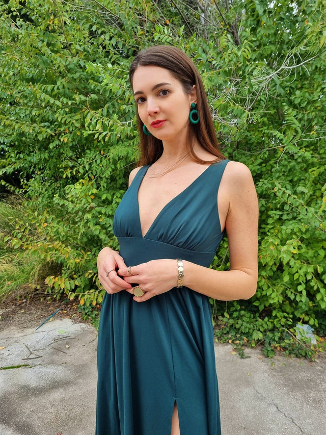 pretty SORAYA|Plus Size Sleeveless V-Neck Empire Waist High Slit Floor-Length Evening Dress Fan Photos 7
