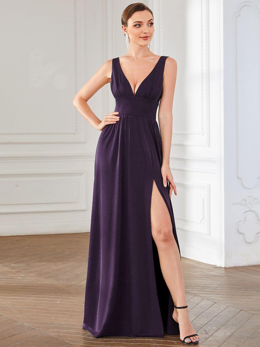 Sleeveless V-Neck Empire Waist High Slit Floor-Length Evening Dress #color_Dark Purple