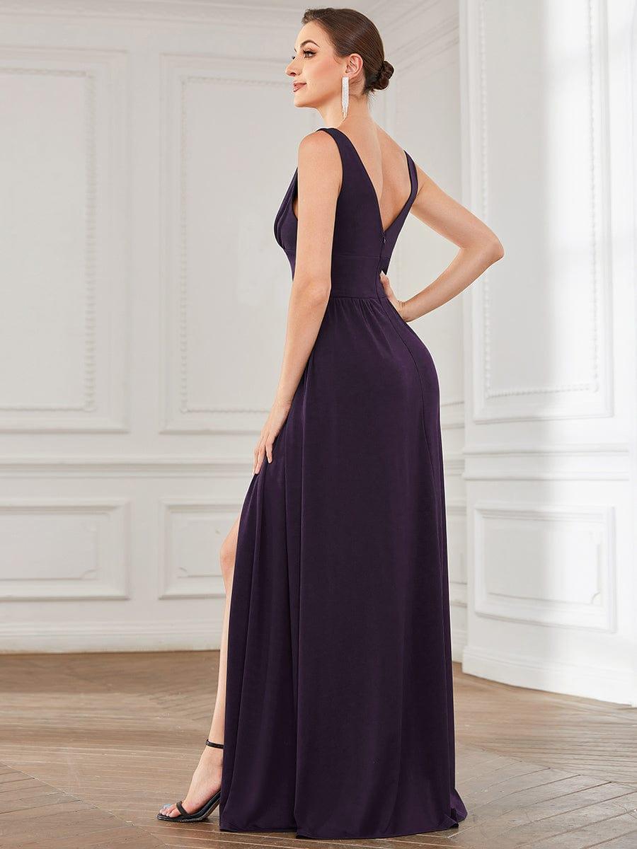 Sleeveless V-Neck Empire Waist High Slit Floor-Length Evening Dress #color_Dark Purple
