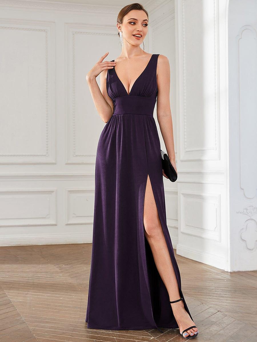 Sleeveless V-Neck Empire Waist High Slit Floor-Length Evening Dress #color_Dark Purple