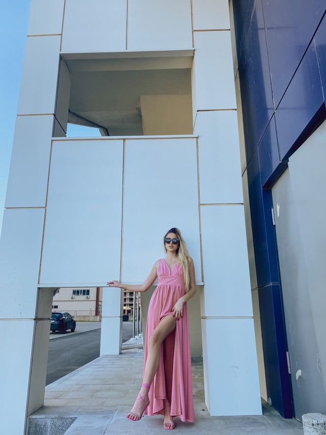 pretty SORAYA|Plus Size Sleeveless V-Neck Empire Waist High Slit Floor-Length Evening Dress Fan Photos 12
