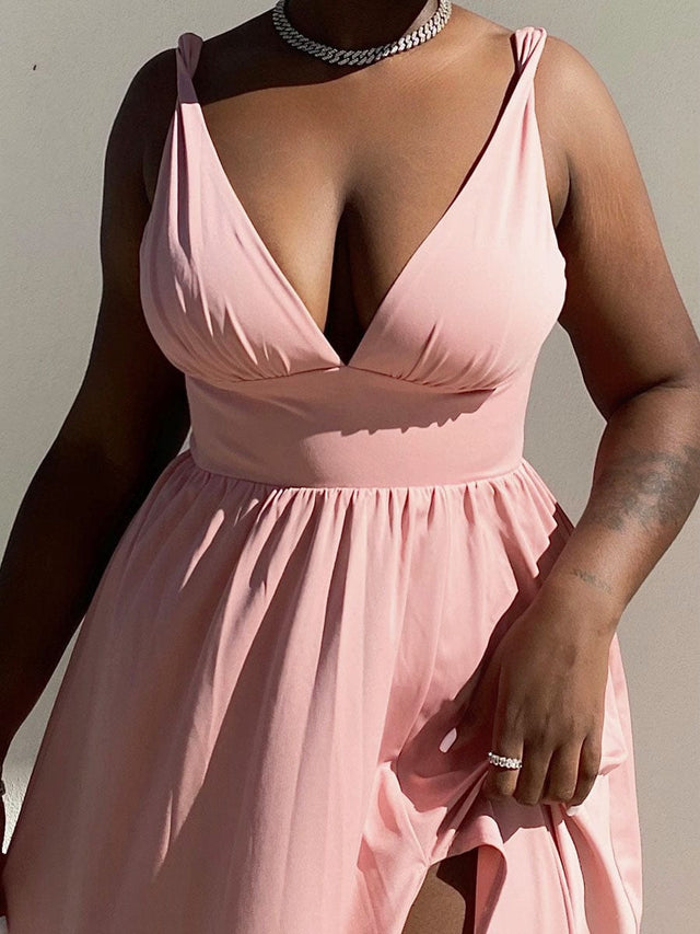 pretty SORAYA|Plus Size Sleeveless V-Neck Empire Waist High Slit Floor-Length Evening Dress Fan Photos 22
