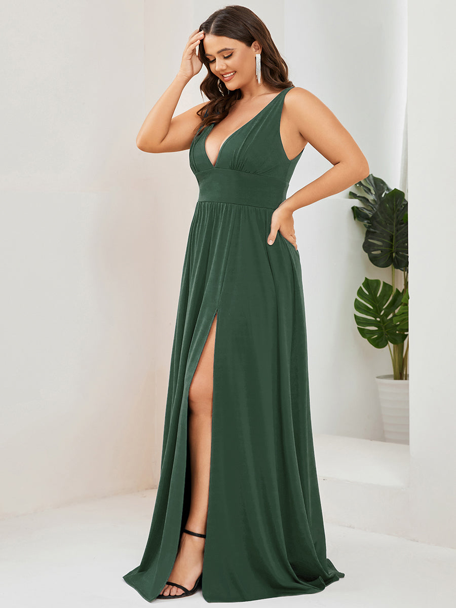 Sleeveless V-Neck Empire Waist High Slit Floor-Length Evening Dress #color_Eucalyptus