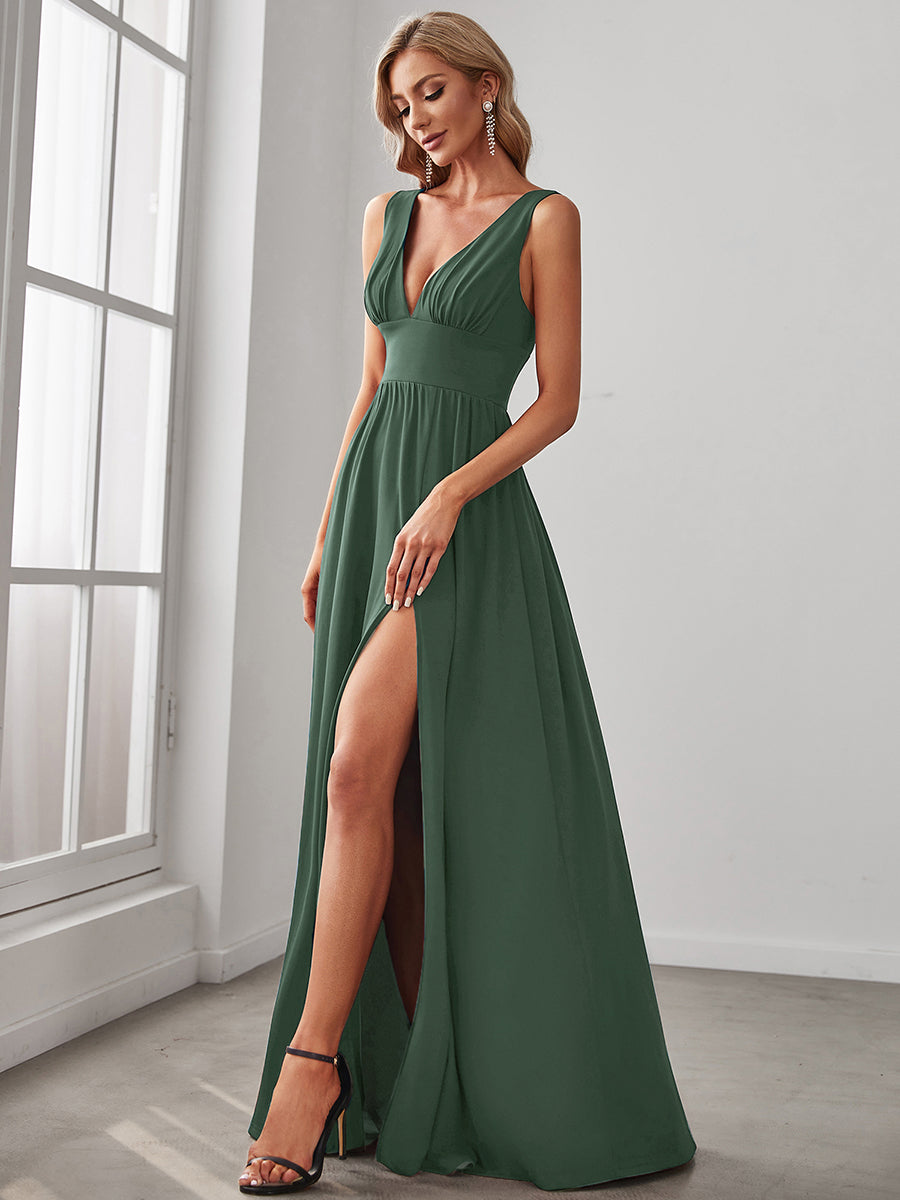 Sleeveless V-Neck Empire Waist High Slit Floor-Length Evening Dress #color_Eucalyptus