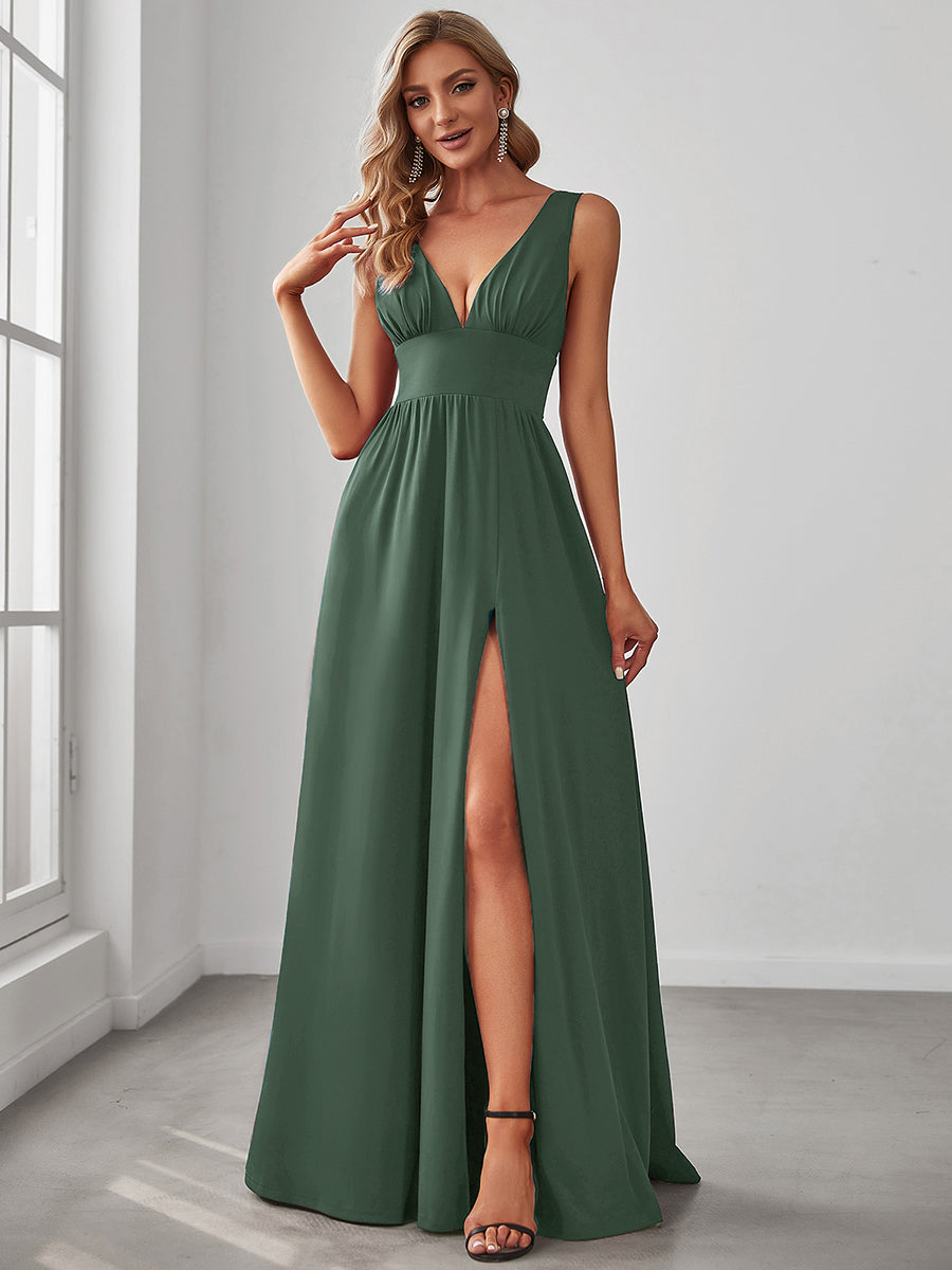 Sleeveless V-Neck Empire Waist High Slit Floor-Length Evening Dress #color_Eucalyptus