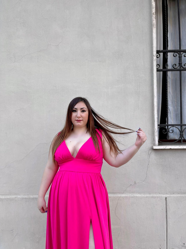 pretty SORAYA|Plus Size Sleeveless V-Neck Empire Waist High Slit Floor-Length Evening Dress Fan Photos 4
