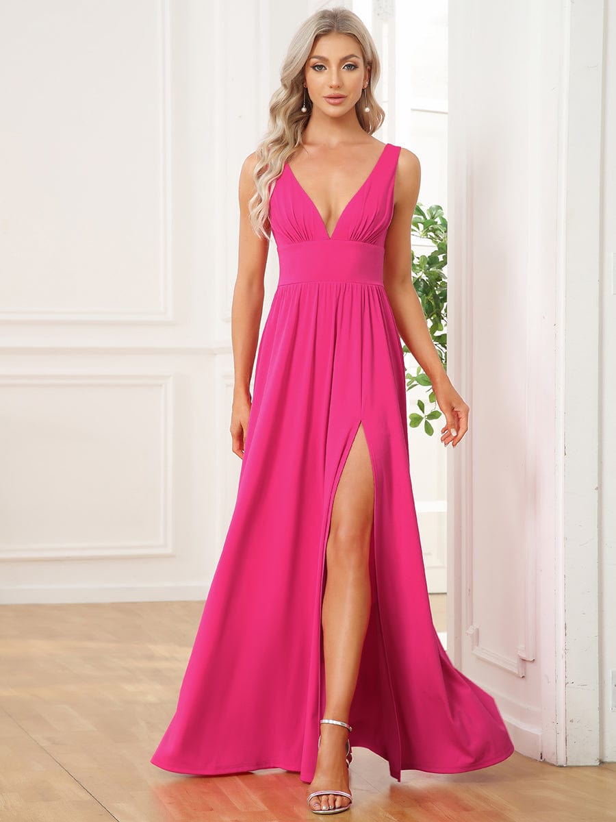 Chiffon High Slit Sleeveless V-Neck Empire Waist Evening Dress #color_Hot Pink