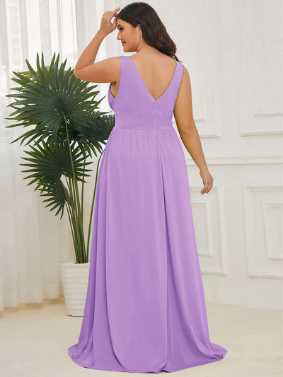 Plus Size Sleeveless V-Neck Empire Waist High Slit Floor-Length Evening Dress #color_Lavender
