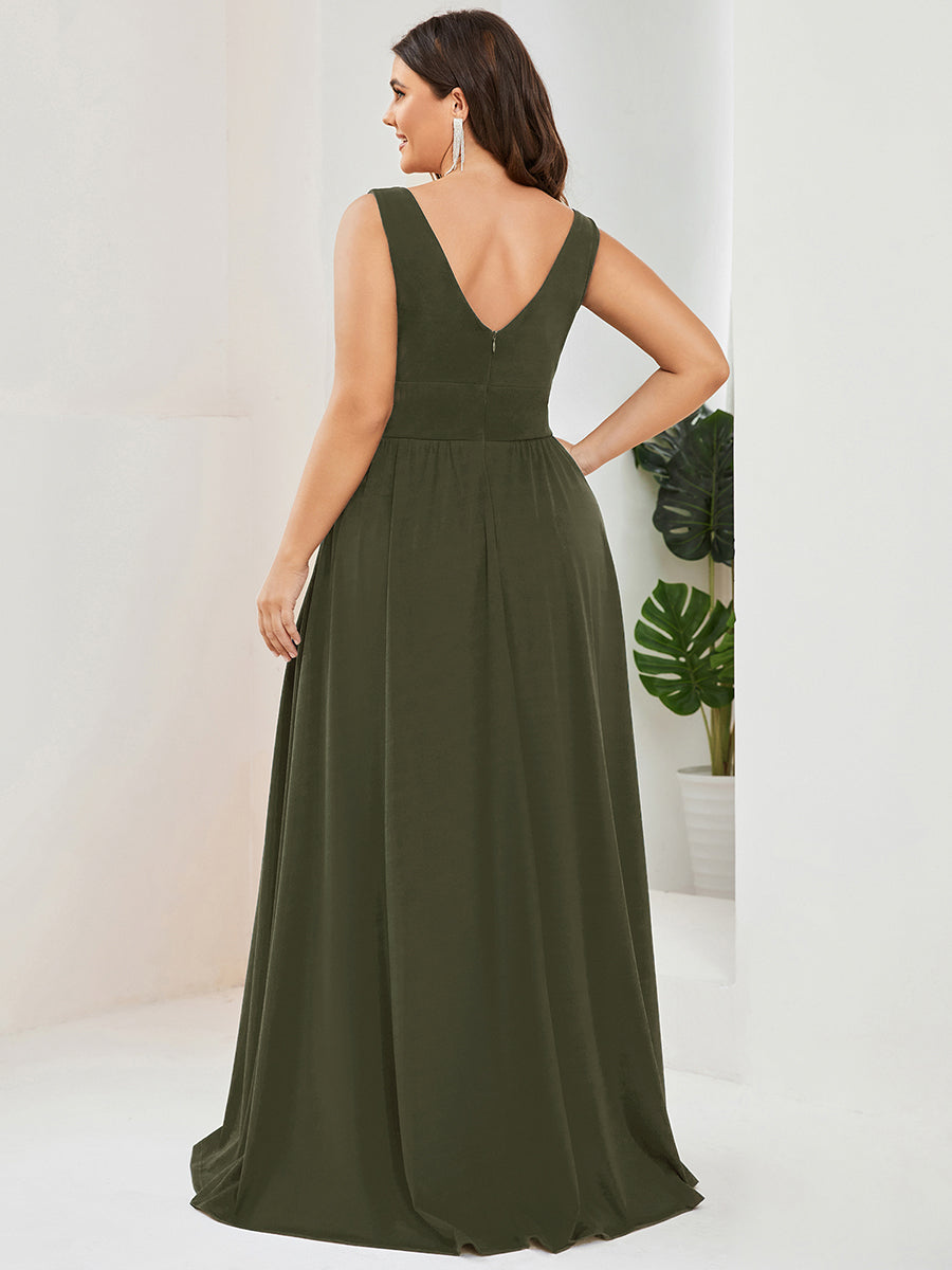 Sleeveless V-Neck Empire Waist High Slit Floor-Length Evening Dress #color_Olive Green