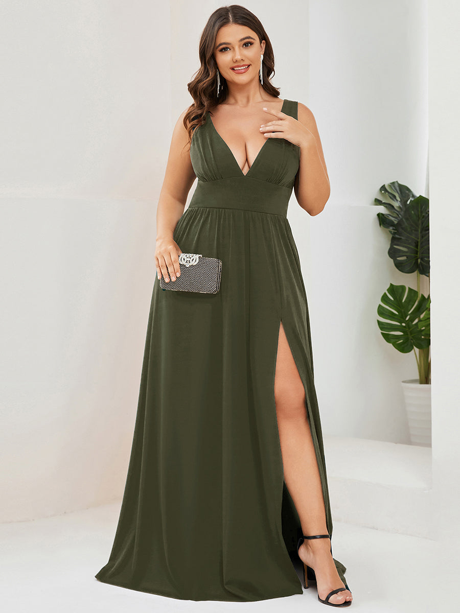 Sleeveless V-Neck Empire Waist High Slit Floor-Length Evening Dress #color_Olive Green
