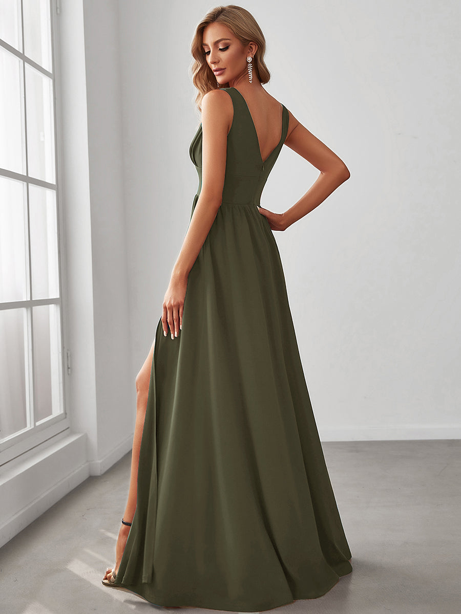 Sleeveless V-Neck Empire Waist High Slit Floor-Length Evening Dress #color_Olive Green