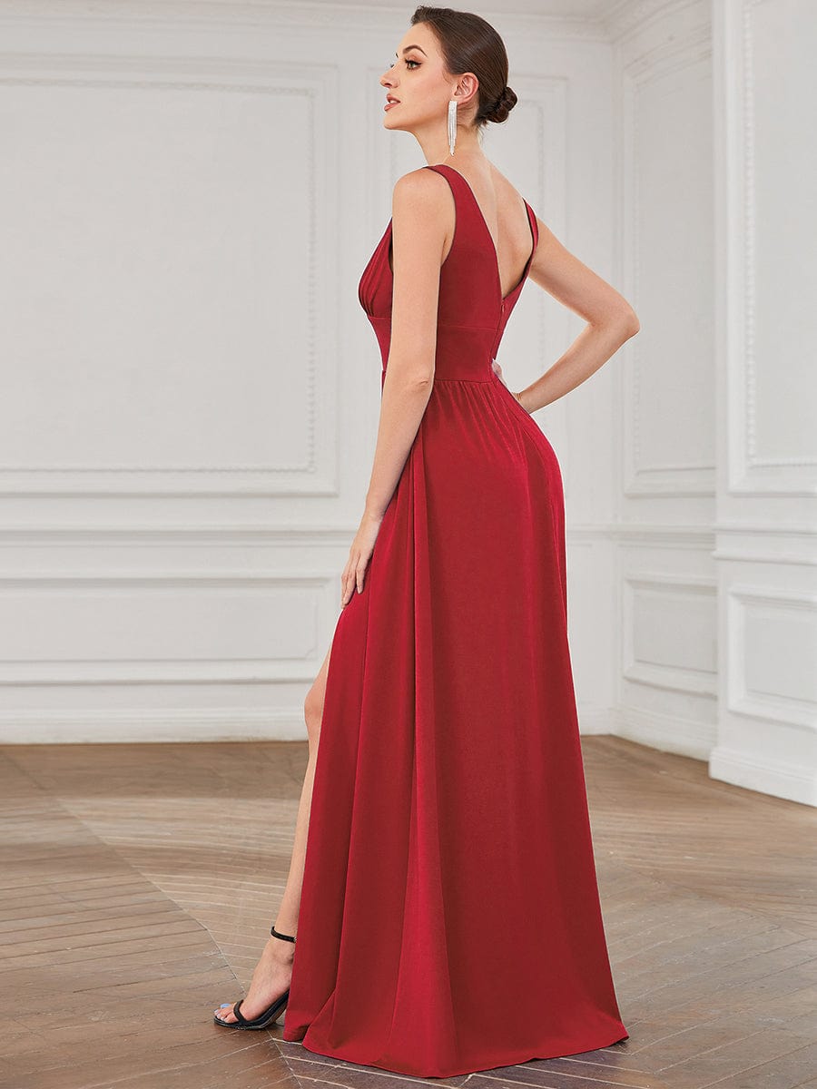 Chiffon High Slit Sleeveless V-Neck Empire Waist Evening Dress #color_Red