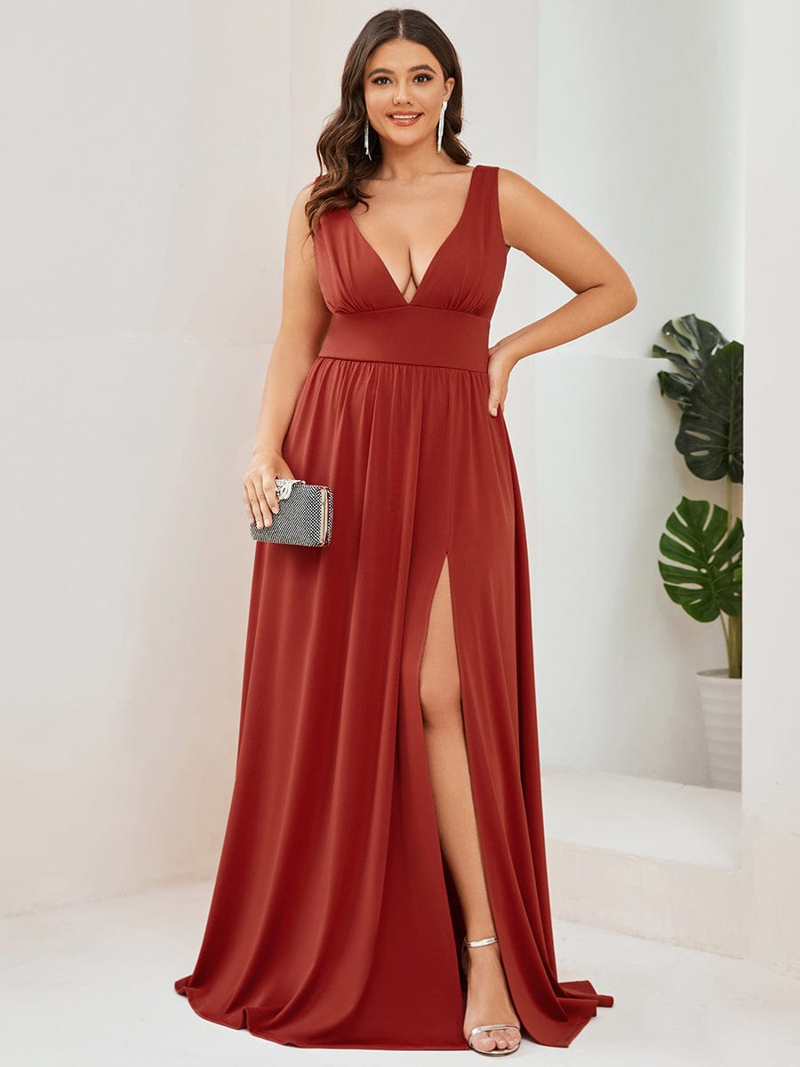 Plus Size Sleeveless V-Neck Empire Waist High Slit Floor-Length Evening Dress #color_Vermilion