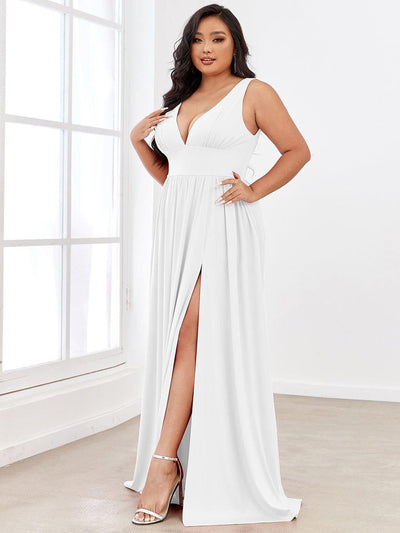 Plus Size Sleeveless V-Neck Empire Waist High Slit Floor-Length Evening Dress #color_White