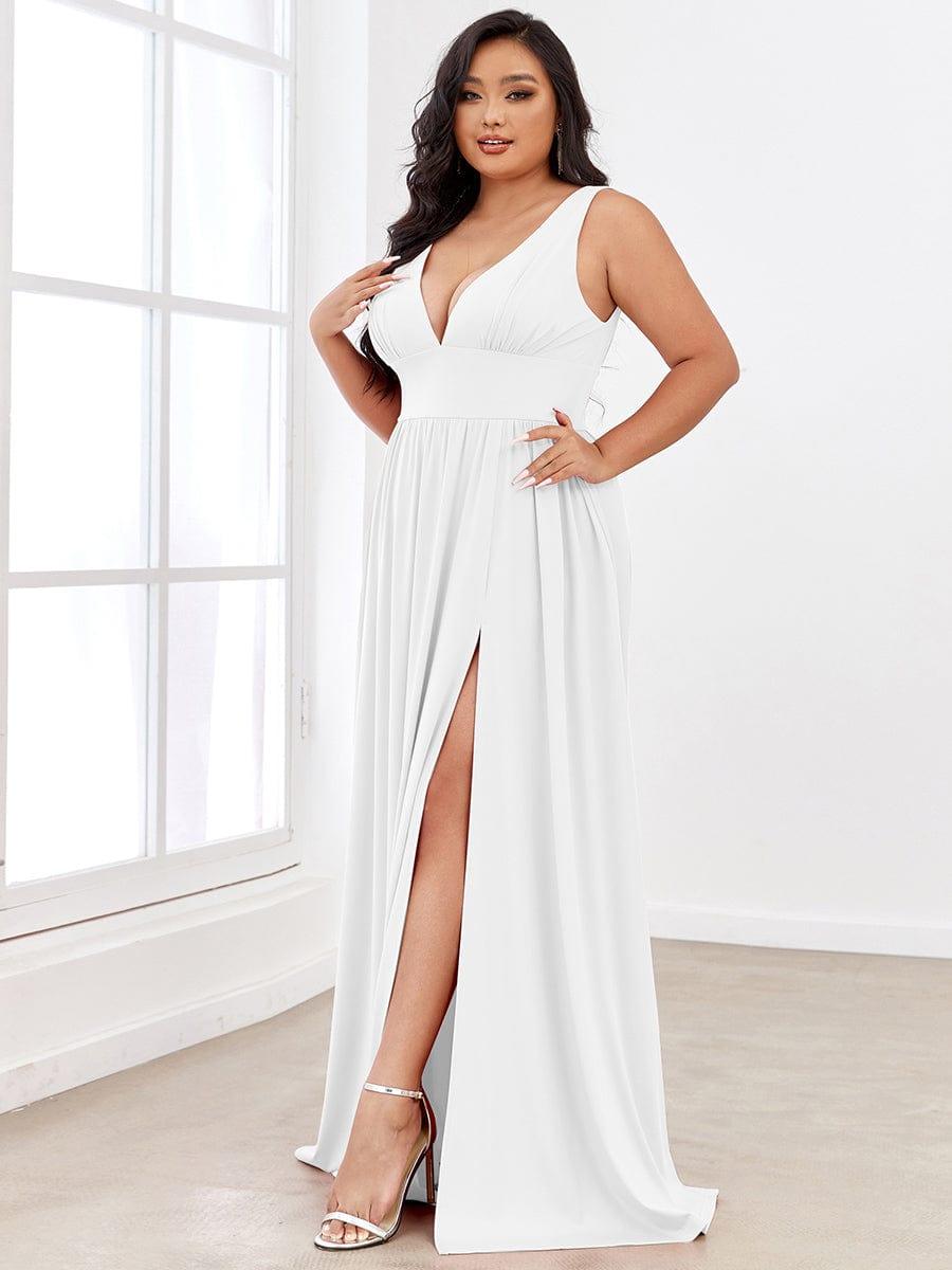 Plus Size Sleeveless V-Neck Empire Waist High Slit Floor-Length Evening Dress #color_White