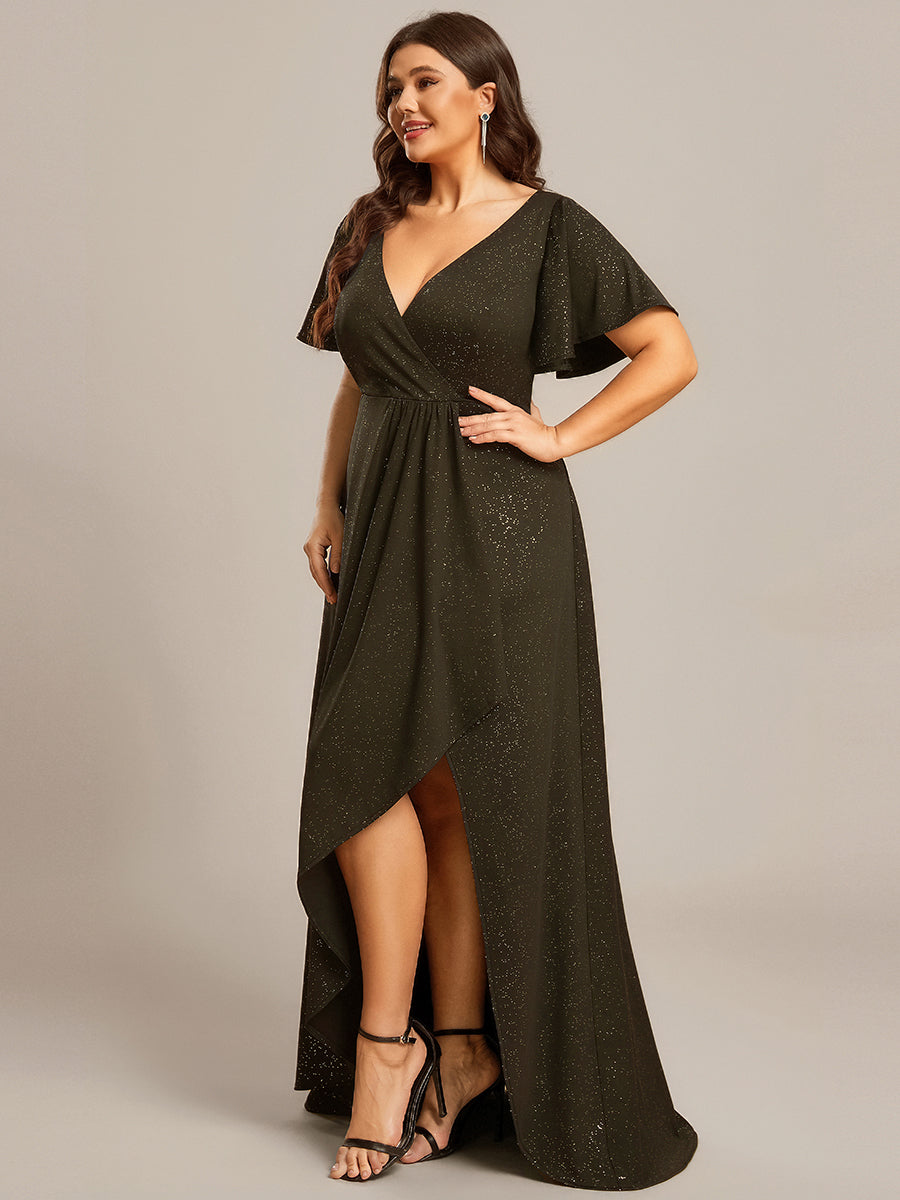 Plus Size Ruffled High-Low Front Slit Evening Dress with Glitter #color_Army Green