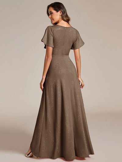 Glitter High-Low Front Side Slit Ruffled V-Neck Evening Dress #color_Coffee