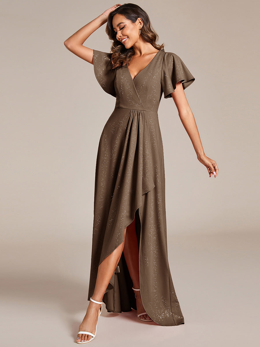 Glitter High-Low Front Side Slit Ruffled V-Neck Evening Dress #color_Coffee