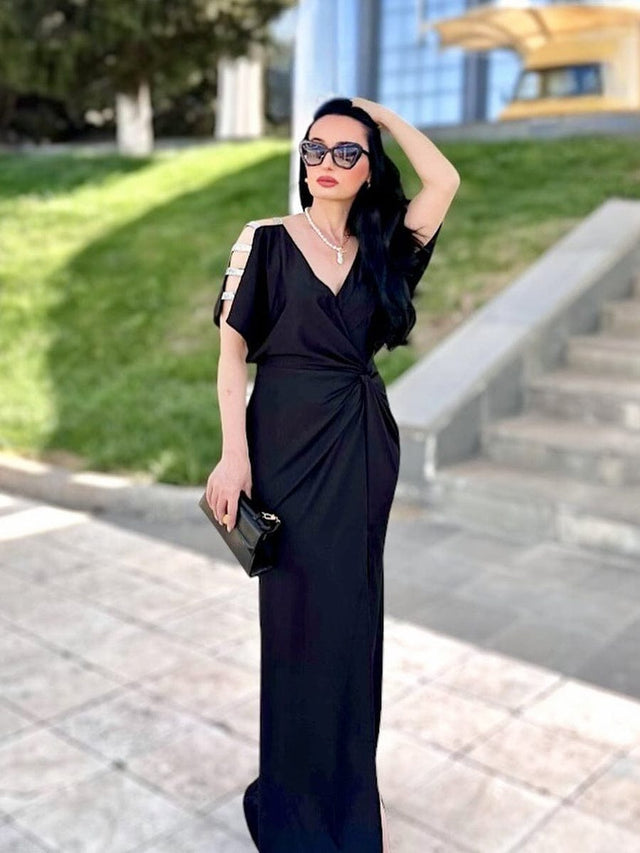 ever LYN|Pleated High Slit Hollow Out Sequin Sleeve V-Neck Formal Evening Dress Fan Photos 6
