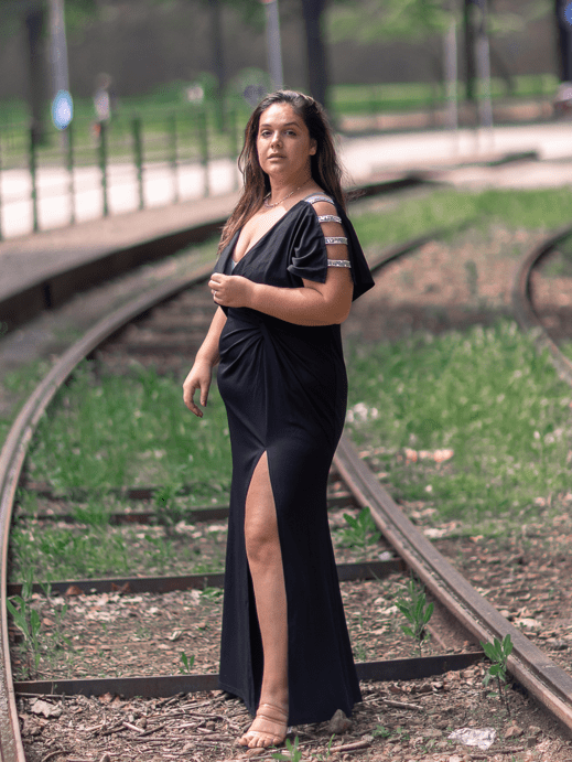 ever LYN|Pleated High Slit Hollow Out Sequin Sleeve V-Neck Formal Evening Dress Fan Photos 5
