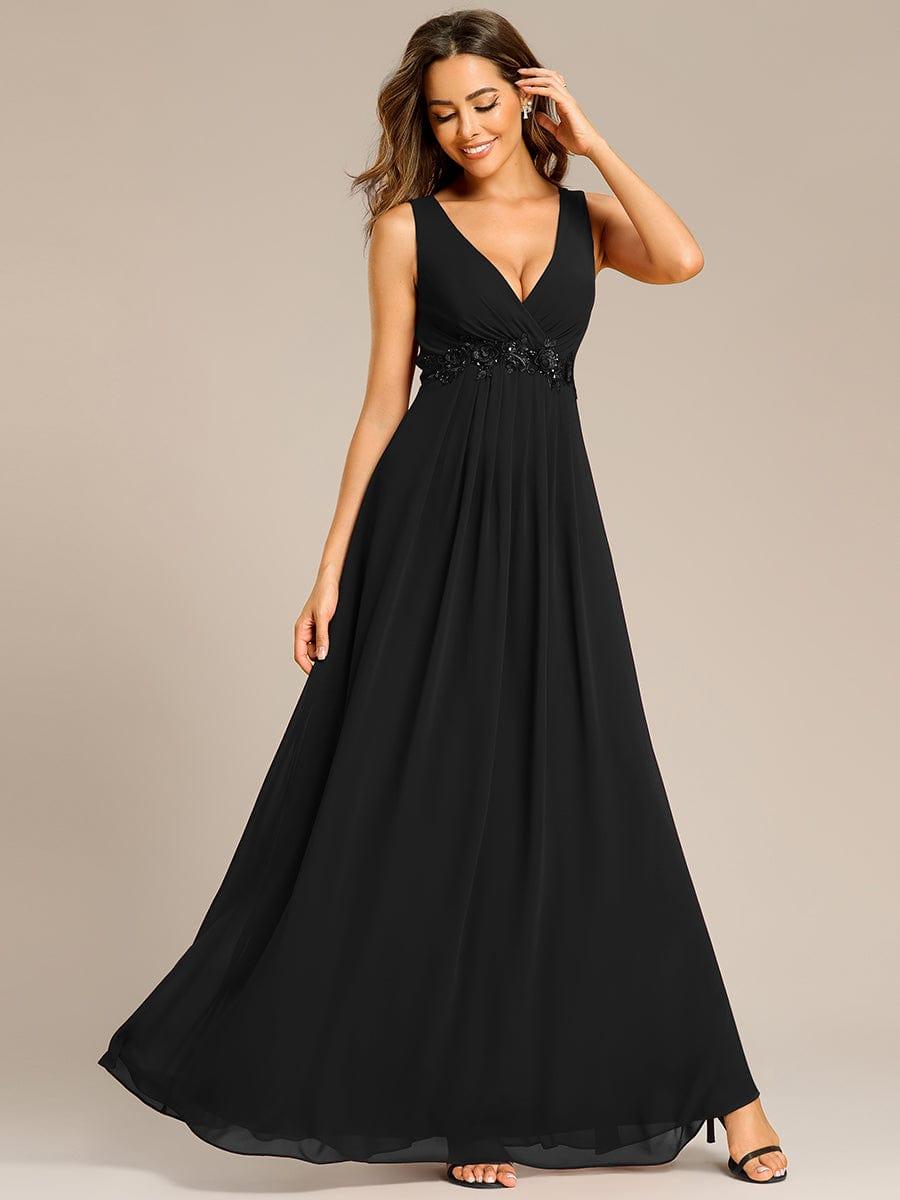 Floral Applique Sleeveless Chiffon Long Formal Evening Dress #color_Black