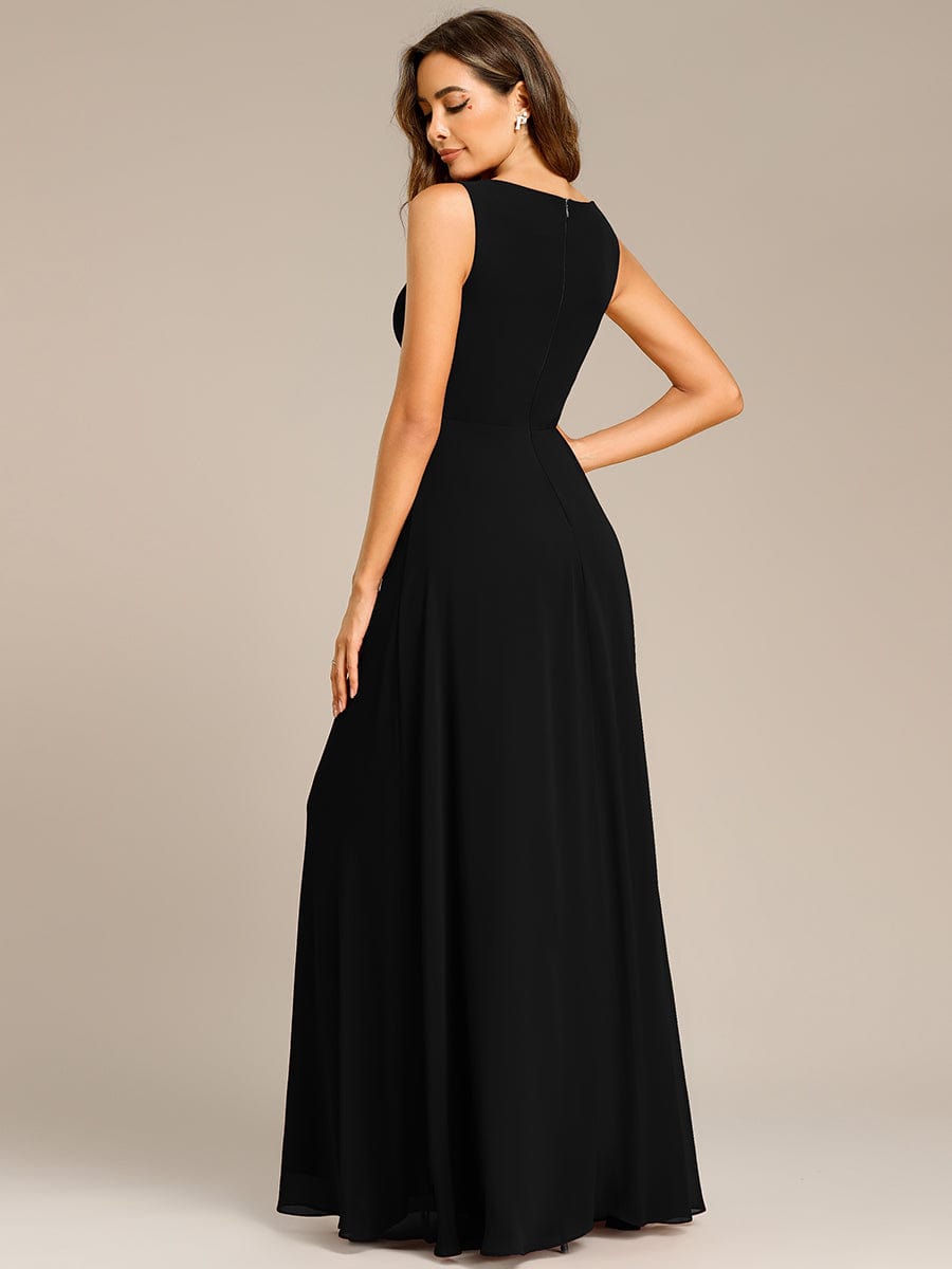 Floral Applique Sleeveless Chiffon Long Formal Evening Dress #color_Black